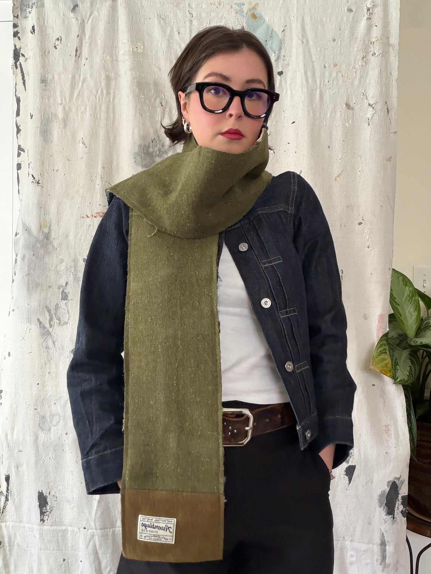 Reversible Patchwork Olive Wool and Mohair Scarf