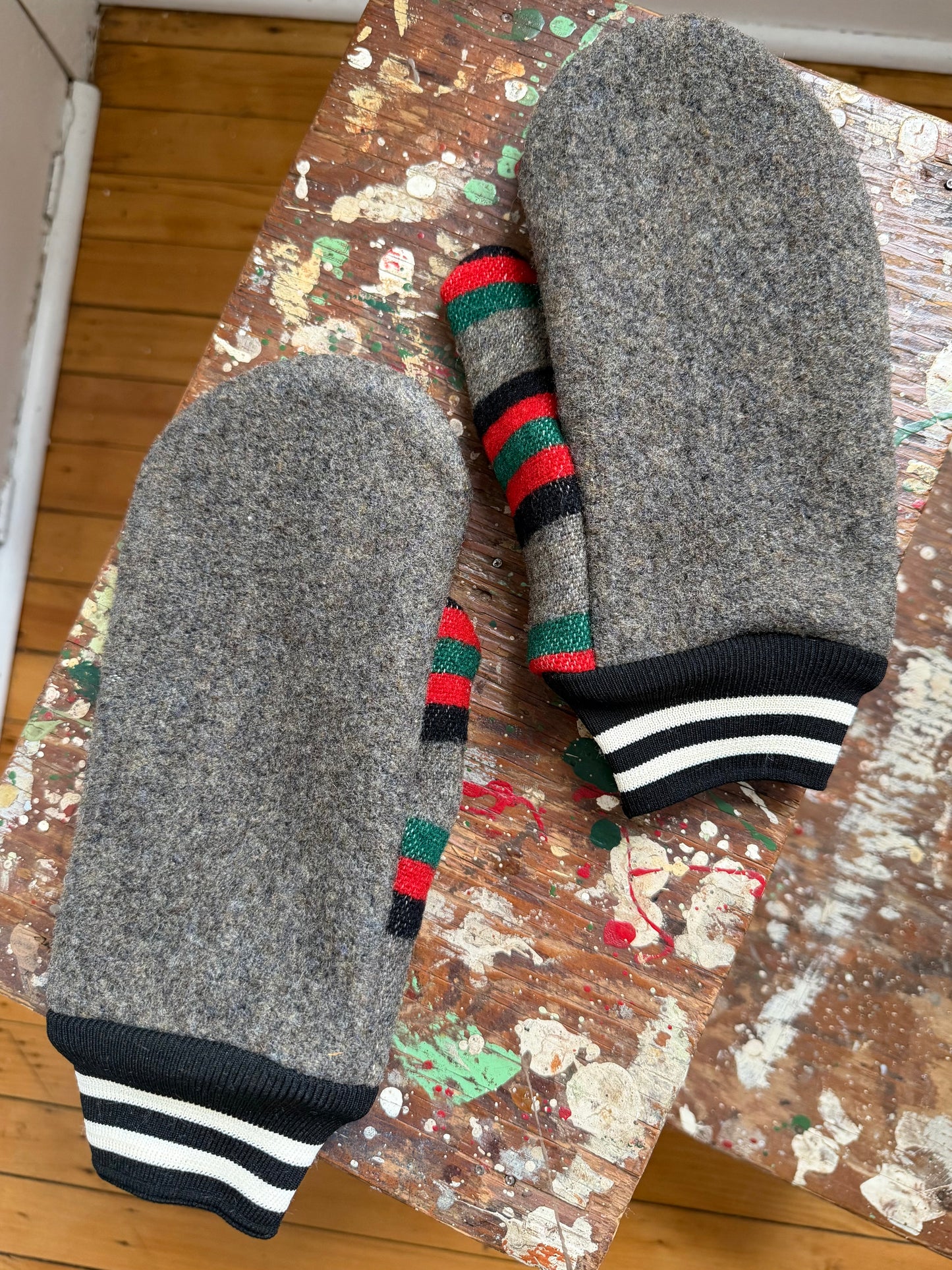 Striped Gray Wool Mittens [L/XL]