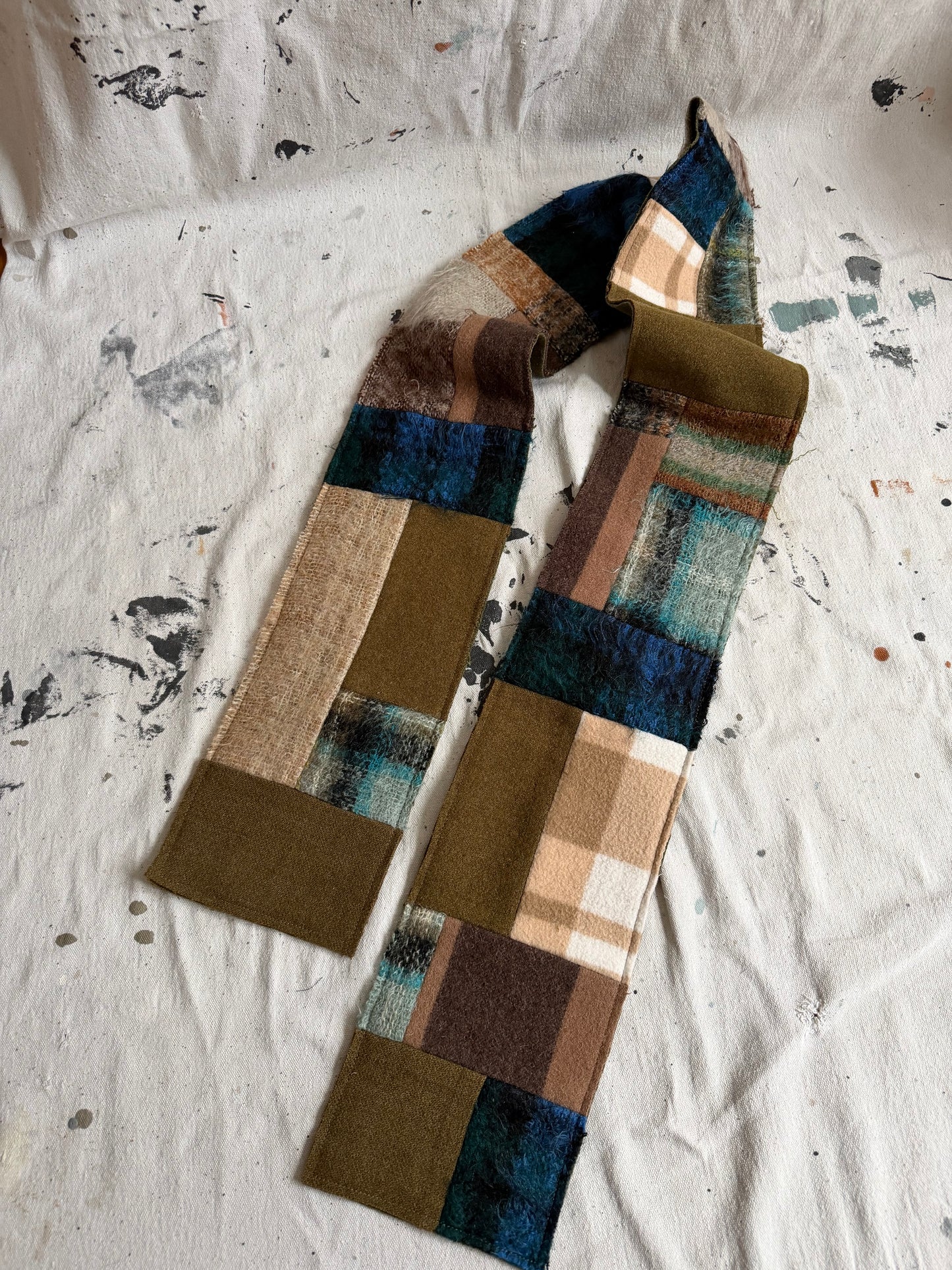 Reversible Patchwork Olive Wool and Mohair Scarf
