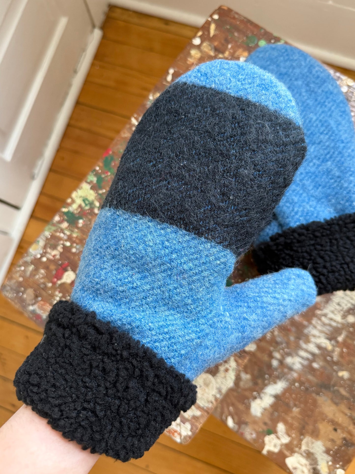 Striped Blue Wool Mittens [M/L]