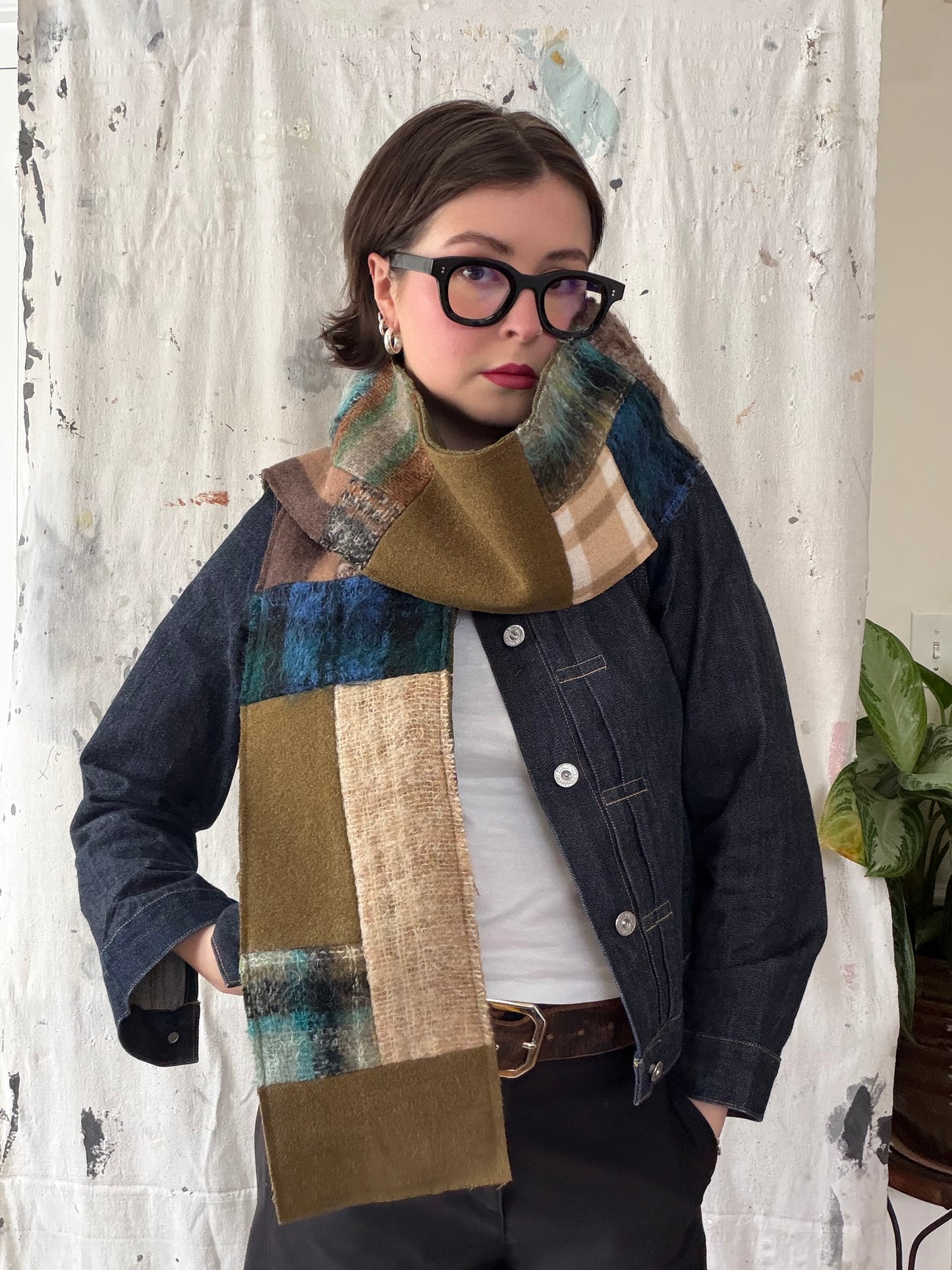 Reversible Patchwork Olive Wool and Mohair Scarf