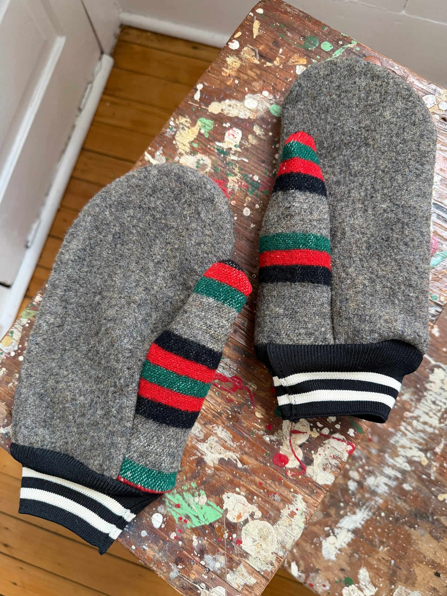 Striped Gray Wool Mittens [L/XL]
