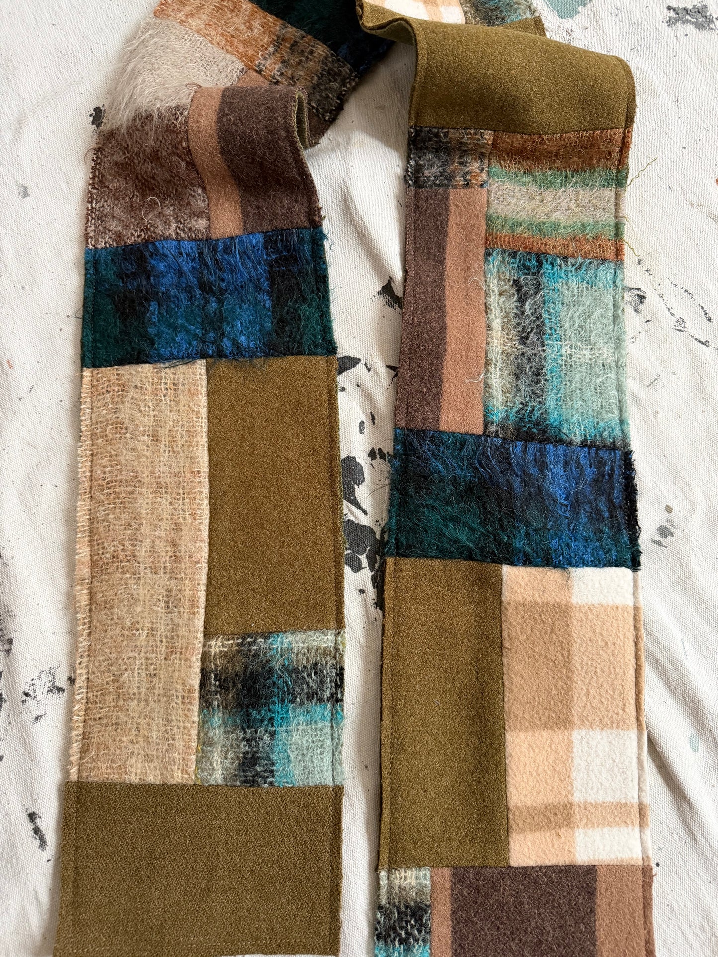 Reversible Patchwork Olive Wool and Mohair Scarf