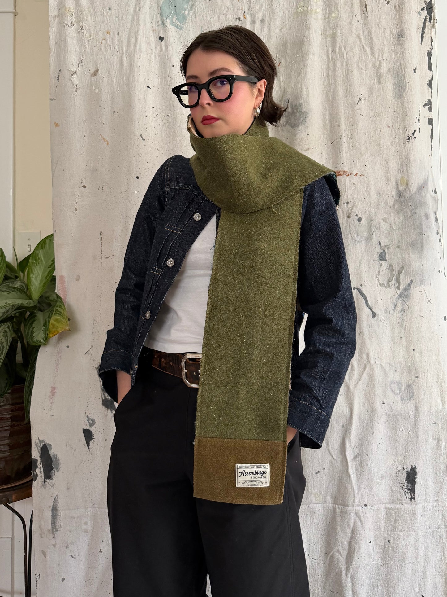 Reversible Patchwork Olive Wool and Mohair Scarf