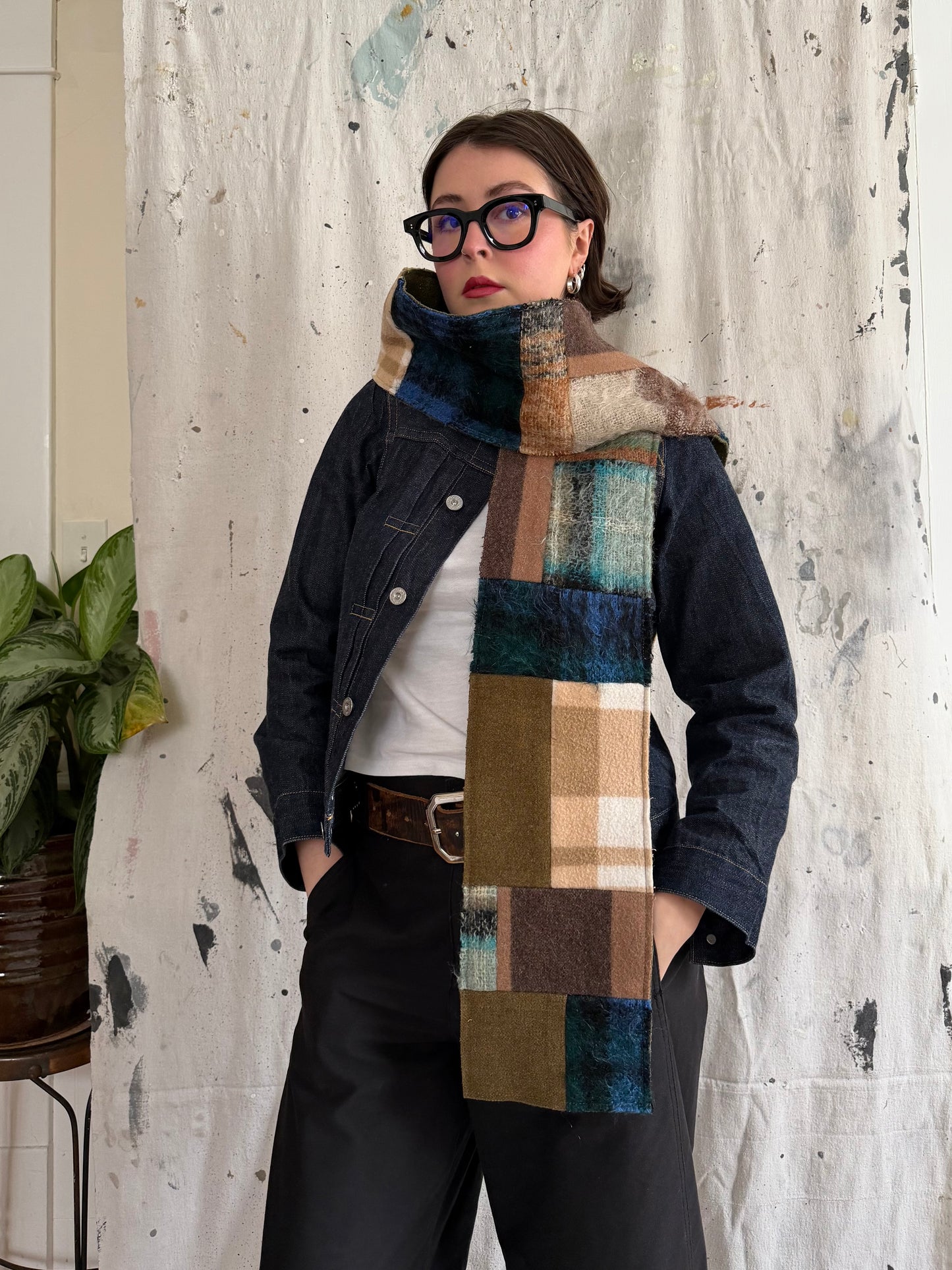 Reversible Patchwork Olive Wool and Mohair Scarf